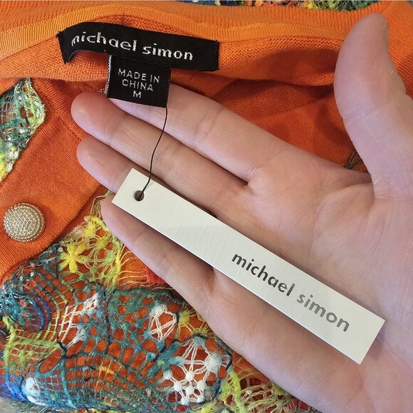 Michael Simon Colorful Cardigan Sweater Crochet Lace Overlay Cotton Sz M NWT - Picture 7 of 9